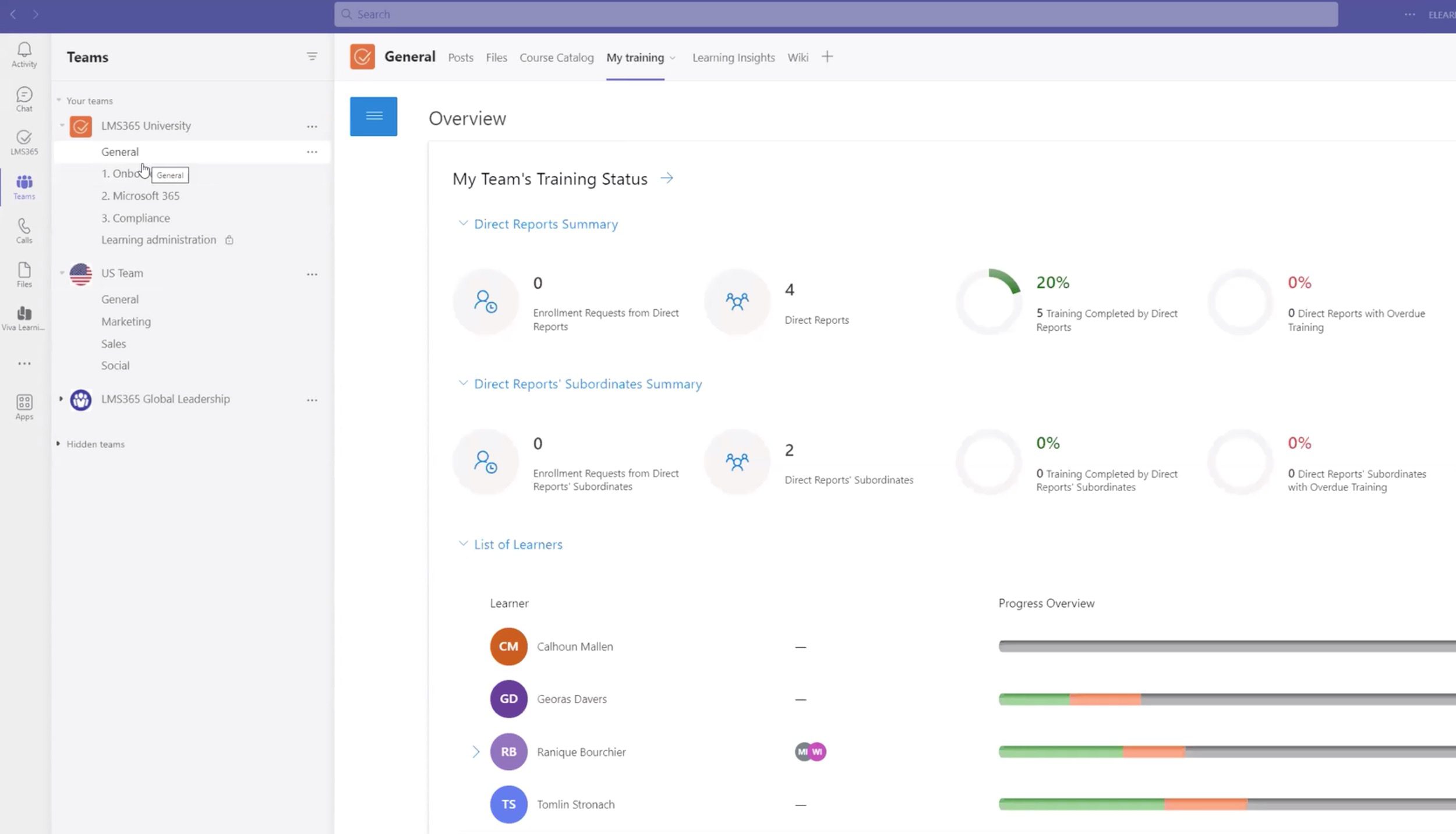 Essential-LMS-Training-progress-Microsoft365 A screen shot that shows how line managers can review the training progress of their direct reports