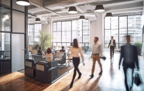 Tracking office occupancy Modern office interior with busy business people walking around.