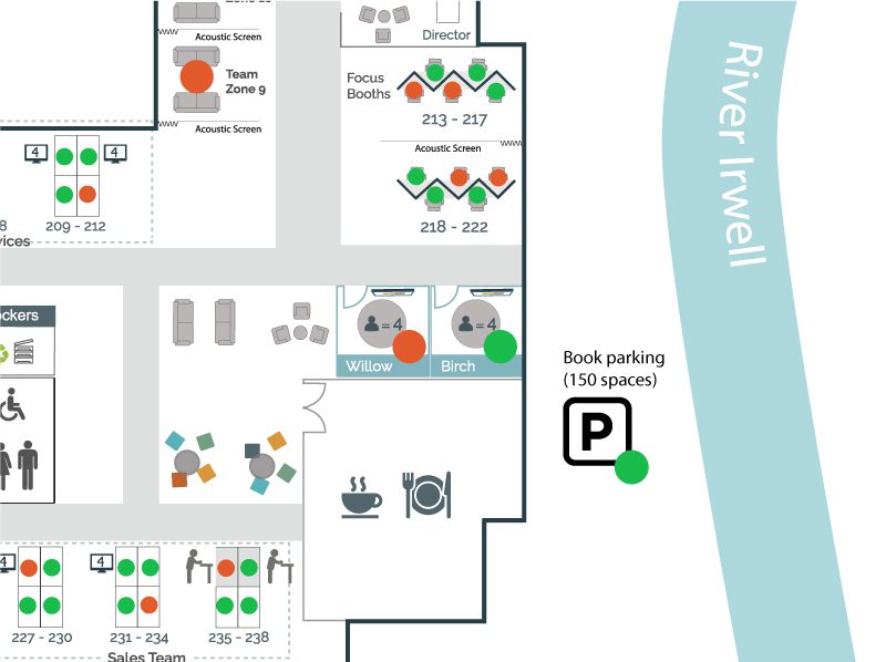 Concept of an interactive floor plan for booking available desks from hot spots